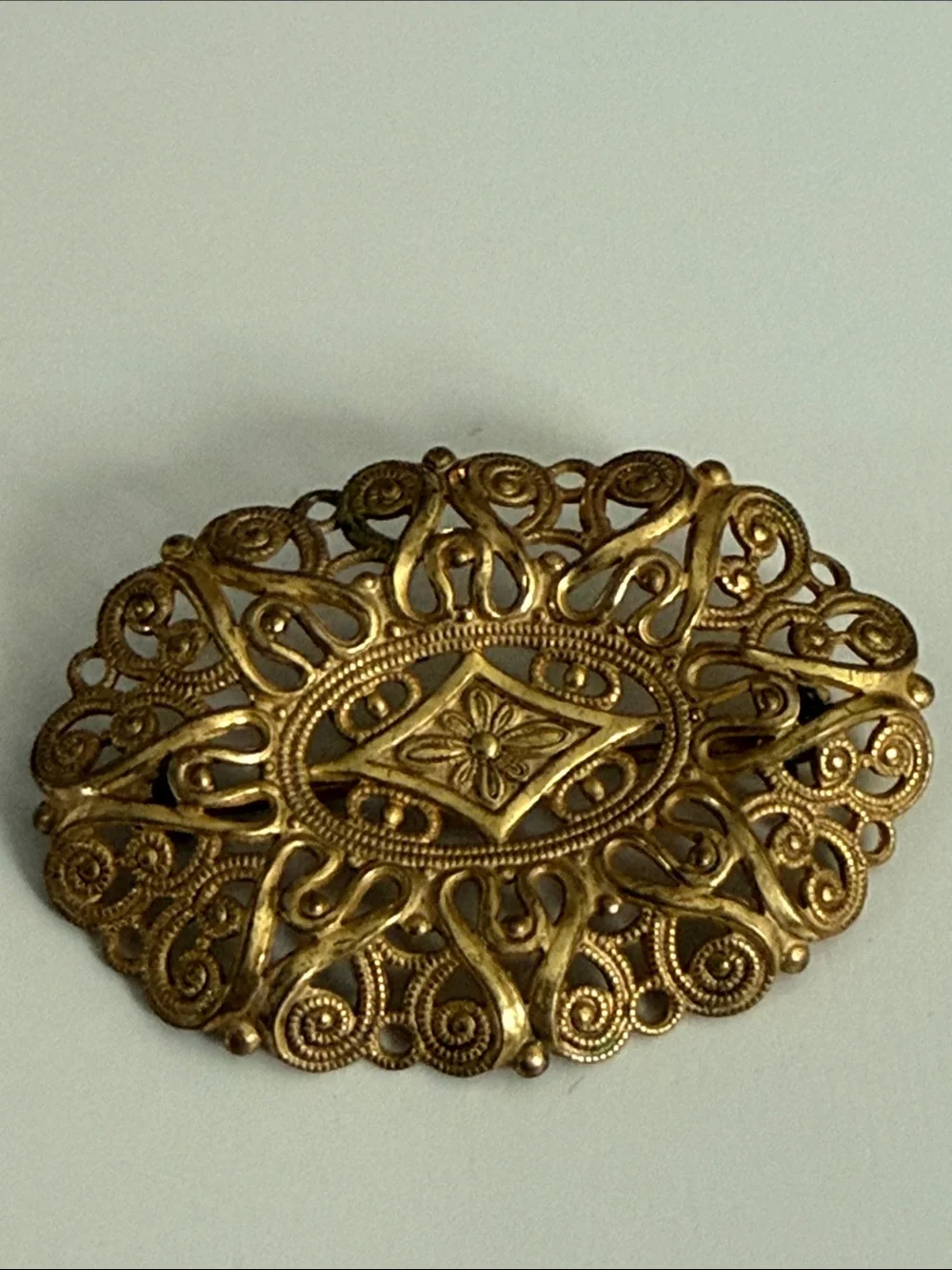 Vintage Miriam Haskell antique revival gold tone Filigree Oval Brooch pin